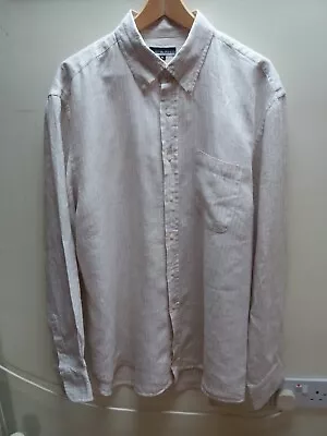 Mens  Shirt Austin Reed Size XL 100% Pure Linen Long Sleeve Beige/white Stripe • £8.99