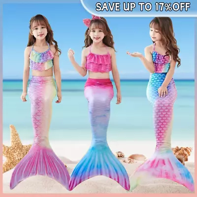 S-2XL Girls Mermaid Tail Swimming Costume Swimmable Bikini Set Summer Swimsuit • £11.49