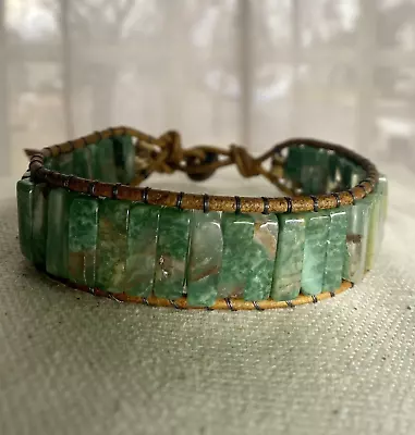 African Jade Beaded Brown Leather Wrap Bracelet Adjustable Beaded Cuff Wristband • $34