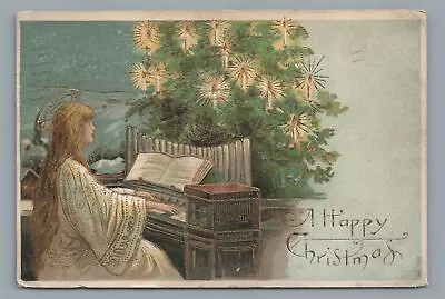 A Happy CHRISTMAS Angel Playing Piano Organ Tree Vintage Postcard • $4.99