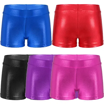 UK Kids Girls Metallic Shiny Dance Shorts Stretch Sport Active Shorts Costume • £8.32