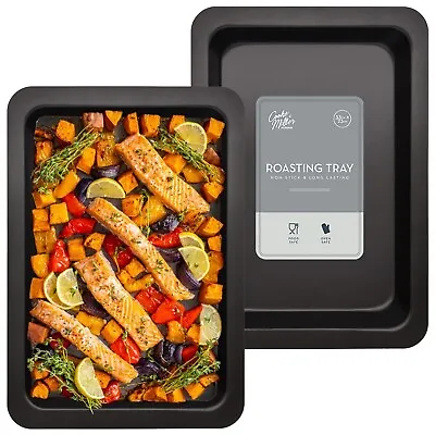 Roasting Tin X2 NON STICK Baking Tray Oven Cooking Meat Roaster Dish Pan 33x23cm • £11.98