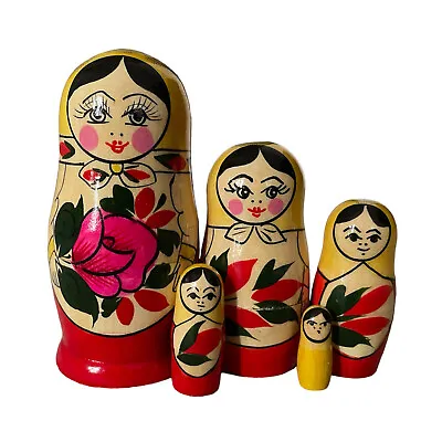 Wooden Russian Nesting Matryoshka 5 Dolls Set Hand Painted Yellow Red Top • £14.99