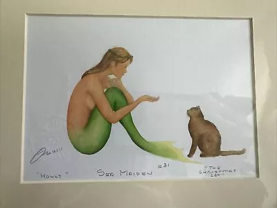 Sea Maiden #31 “Holly” & The Christmas Cat! Mermaid Matted Print W/ Cat- 8”x10” • $19.99