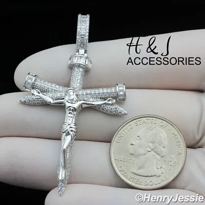 Men 925 Sterling Silver Iced Bling Cz Silver 3d Nail Jesus Cross Pendant*asp402 • $47.99