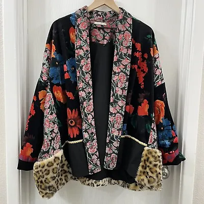 Zara Mixed Media Kimono Jacket Floral Leopard Print Oversized Medium • $80