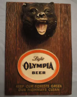 Vintage Olympia Light Beer Wildlife Wall Bar Sign Plaque W/ Bear Head 1962 • $39.99