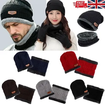 Unisex Beanie Hat Scarf Set Neck Cover Winter Warm Fleece Knitted Thick Ski Cap • £6.99