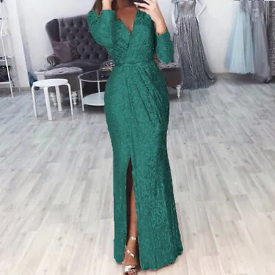 Womens V-Neck Sequins Long Maxi Dress Ladies Evening Party Cocktail Ball Gown ; • $35.94