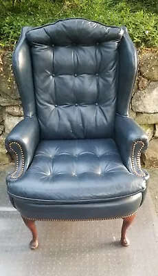 Vintage Queen Anne Style Blue Genuine Leather Tufted Wingback Chair • $1080