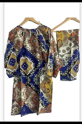 Two Pc Linen Cutwork Trouser Suit Paisley Print *new* Size Medium • £15