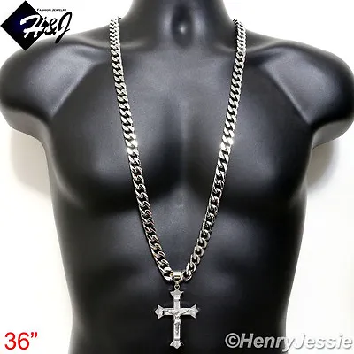 36 MEN Stainless Steel 11mm Silver Cuban Curb Necklace 3D JESUS Cross Pendant*28 • $49.99