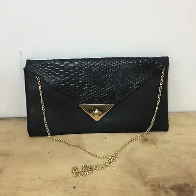 Matalan Clutch Bag Envelope Black Faux Leather Chain • £7.99