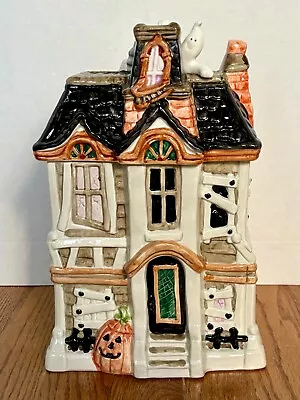 Fitz & Floyd Hand Painted Haunted House Cookie Jar W/ Spider Web Boo! Inside • $99.96