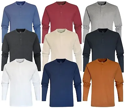 Mens Henley Long Sleeve Jersey Plain T-shirt Grandad Neck Top Causal By Beebizco • £9.99