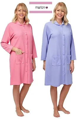 Ladies Waffle Button Through Robe Dressing Gown  Sml Blue pink  Ma31674 • £19.95