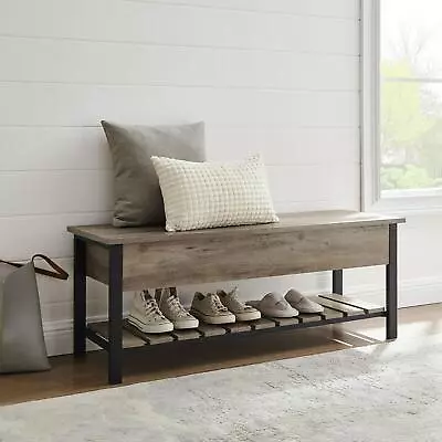 Storage Bench Entryway Lift Top Lid Shelf Box Shoes Grey Wash Wood Metal Mudroom • $314.56