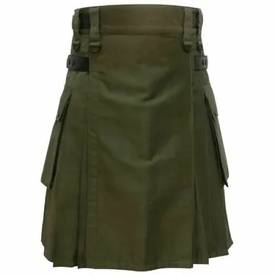 $54.99 • Buy Men's Cotton Scottish Utility Kilt Cargo Pockets Kilt Tactical Duty Olive Green