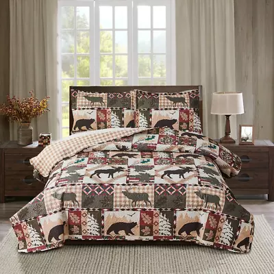 Rustic Lodge Quilt Set King Size Country Cabin Bedspread Coverlet King Moose • $48.58