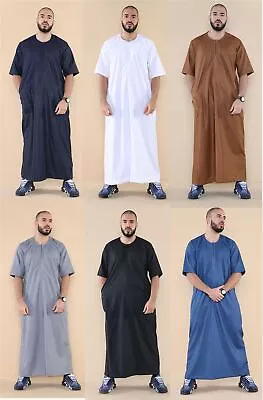 Mens Thobe Jubba Islamic Clothing Kaftan Half Sleeve Robe Moroccan Arab Zipped • £34.99