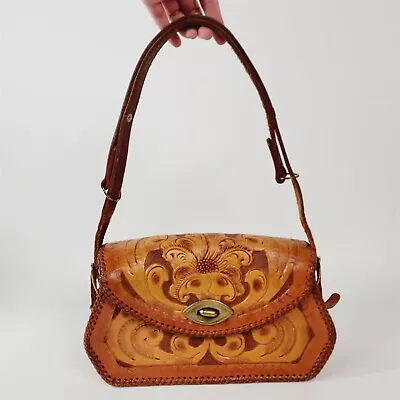 Vintage Laced Leather Hand Tooled Purse Shoulder Bag Floral Boho Western • $39.95