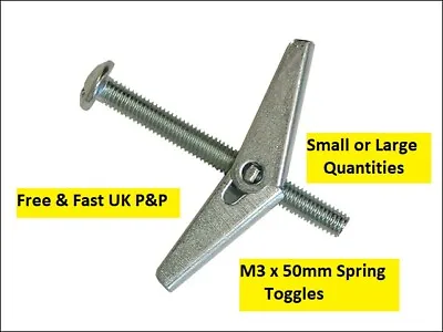 PLASTERBOARD SPRING TOGGLES M3 X 50mm For Hollow Cavity Stud Walls Anchor Plugs • £0.99
