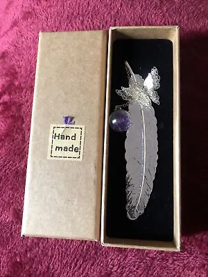 Handmade Metal Feather Shaped Bookmarks With Flower Specimen Pendants Book Page • £4.99