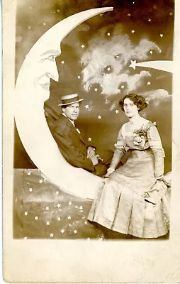 RPPC Postcard Paper Moon Handsome Man Cigar Pretty Woman Arcade Photo • $74