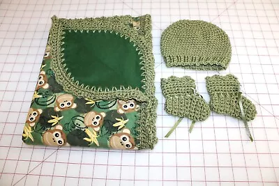 Monkey Baby Blanket Set With Hat Booties. Dbl. Sided. Crocheted Edging. 36x37 • $22.50