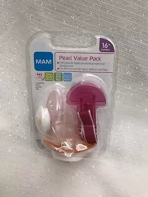 MAM Infant Baby Ortho 2pk Pacifiers With Clip Binkys Pink Bunny Flowers 16+M NEW • $11.39