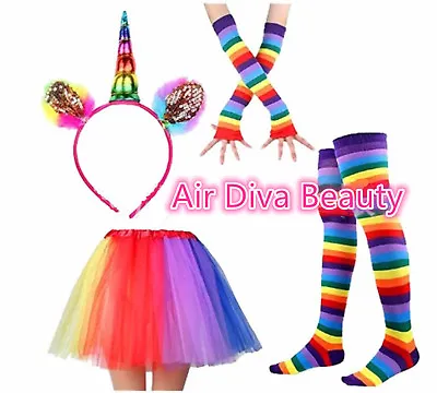 $45 • Buy Women Girl Rainbow Colorful Tutu Skirt Gloves Socks Unicorn Headband Costume Set