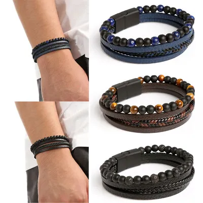 Mens Leather Bangle Bracelet Handmade Braided Wristband Clasp Genuine Unisex New • £5.95