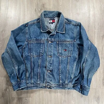 Vintage 1990s Tommy Hilfiger Tommy Jeans Jacket Women Large Denim Button Blue • $40.50