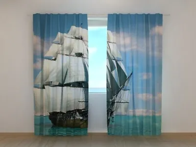 Curtain With Beautiful Schooner Print Wellmira Ready Made Nautical Living Room • £151.04