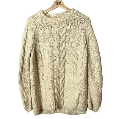 Vintage Irish Handknit Chunky Cream Fisherman Crewneck Sweater Men's Size Large • $85