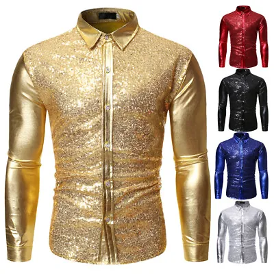 Men Button Down Shirt Shiny Sequin Long Sleeves Slim Tops Nightclub Disco Party • $8.27