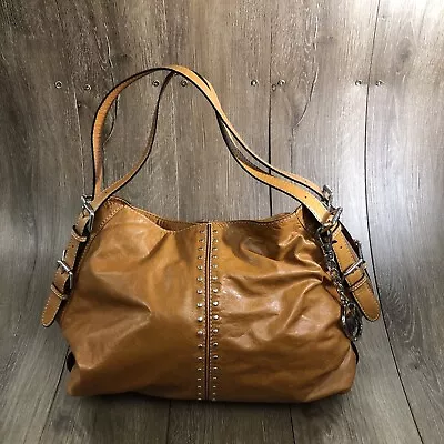 Michael Kors Brown Leather Studded Zipper Sides Shoulder Hobo Handbag  • $50