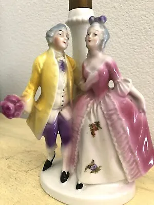 Antique Bavarian Porcelain Figural 7” Lamp Base Man & Woman Flowers • $22