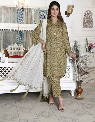 Asian Pakistani Women Readymade All Over Floral Printed Beads/Stones 3pc Suit • £24.99