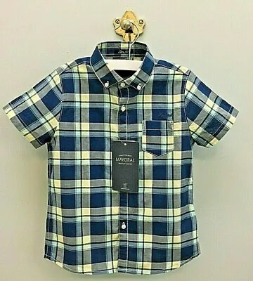 MAYORAL NWT Boys Size 2 Slim Fit Blue Plaid Short Sleeved Button-Down Shirt • $14.50