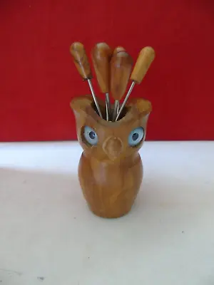 Vintage Hand Carved Hardwood Owl Holder With  Olive Picks Forks • £12