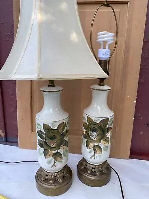 PAIR MCM Vtg Tyndale Porcelain Metallic Gold  Rose Table Lamps.  Regency Base • $88