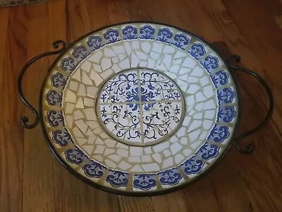 Decorative Home Decor Bowl Plastic Metal Handles Mosaic Blue White Gold Black  • $74.99