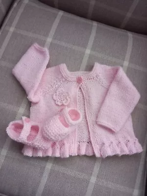 New Hand-knitted Baby Girl Cardigan And Booties • £8