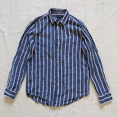 Polo Ralph Lauren Linen Shirt Small Blue White Striped Long Sleeve Relaxed Fit • $34.87