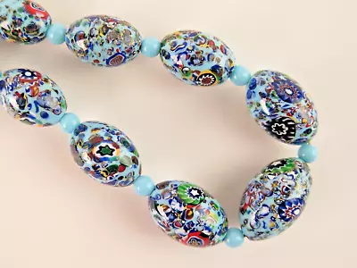 Czech 'Gablonz' Millefiori And ‘crumb’ Blue Oval Graduated Glass Bead Necklace • £120