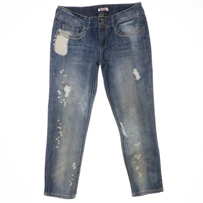 Mudd Capri Jeans Size 11 Juniors Distressed Splatter Dirty Wash Stretch 30x24.5 • $17.99
