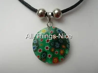 MILLEFIORI Murano Flower Glass 20mm CIRCLE Leaf Green Pendant Necklace Jewellery • £2