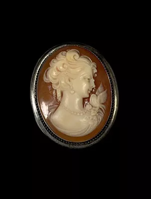 Victorian Carved Shell Cameo Brooch Pendant 800 Silver Woman Bird • $225