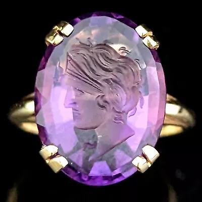 Vintage Amethyst Intaglio 14k Yellow Gold Statement Ring Cameo Grecian Man Gift • $445